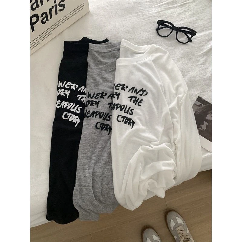 BF原宿风宽松字母防晒衣女2025款一字领软糯天丝长袖T恤罩衫