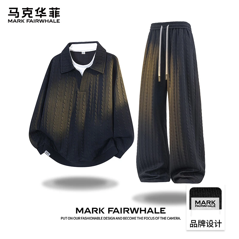 马克华菲美式运动套装男士2025春秋季宽松针织休闲上衣裤子两件套