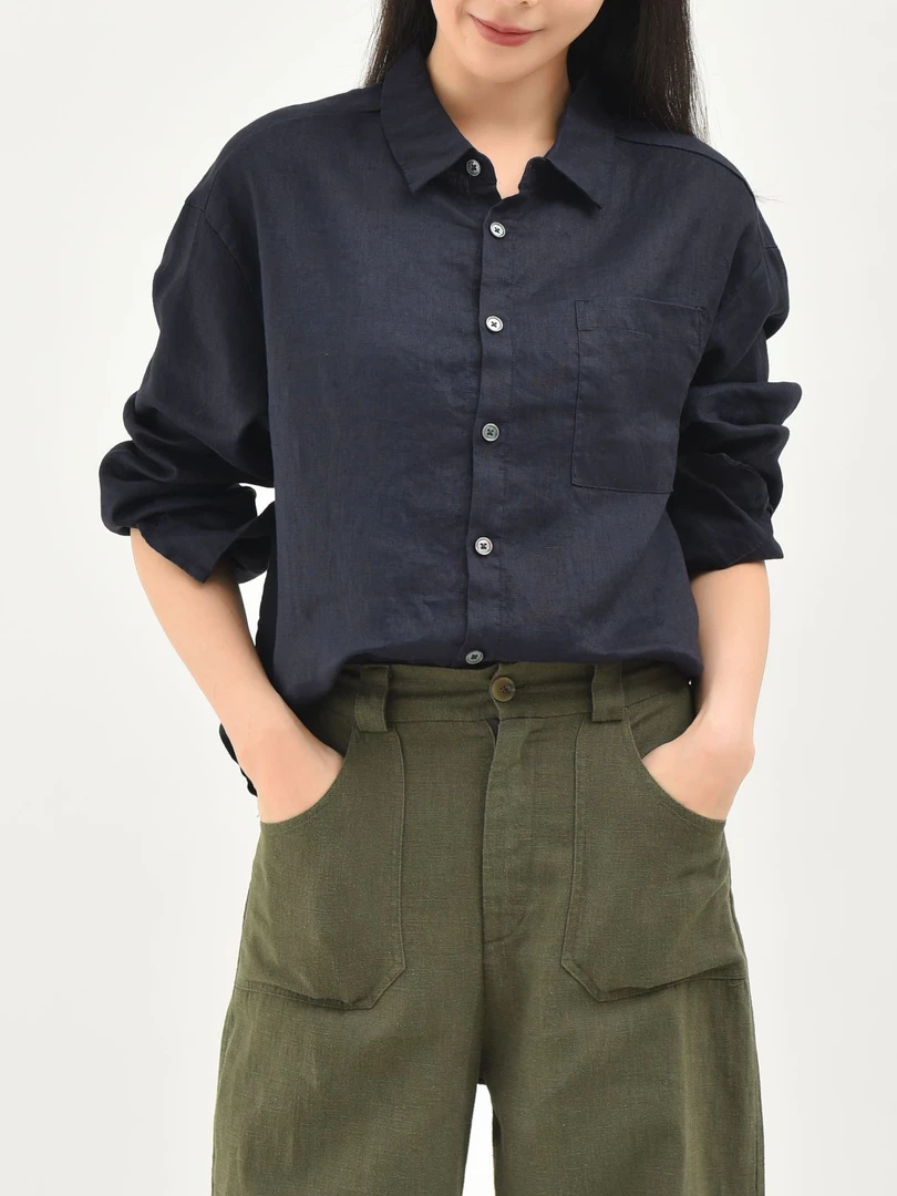 100亚麻长袖休闲百搭复古简约宽松纯色小众设计感衬衫380