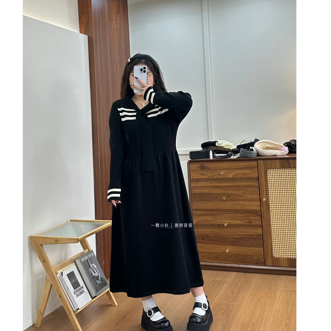 【一颗小叶】秋冬大码V领海军领针织翻领连衣裙气质