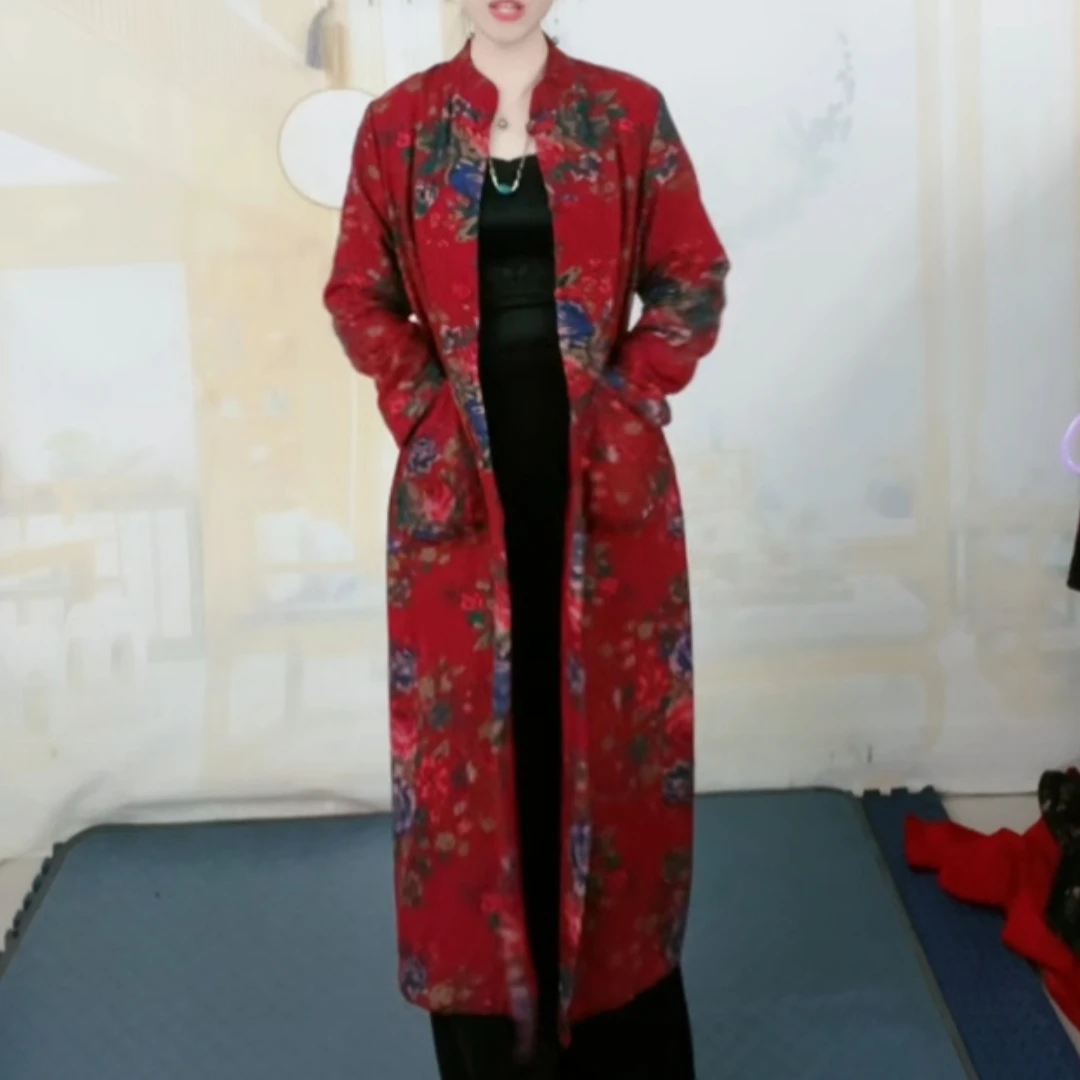 玫红色加绒单排扣女棉衣红色盘扣宽松型外套长款风衣