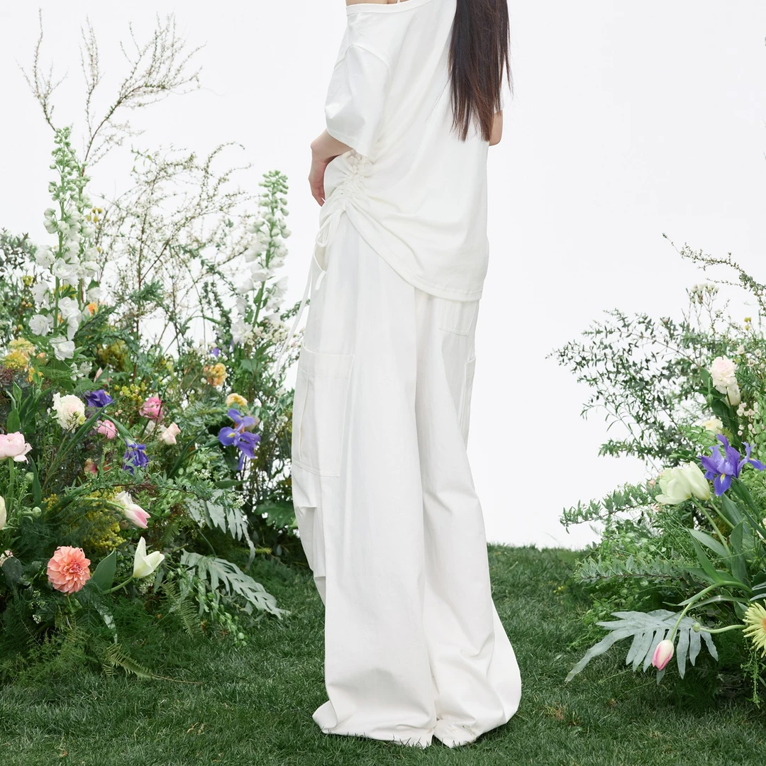 ELEVEN SLEEP白色休闲裤女夏季褶皱阔腿工装裤显瘦长裤高级感裤子