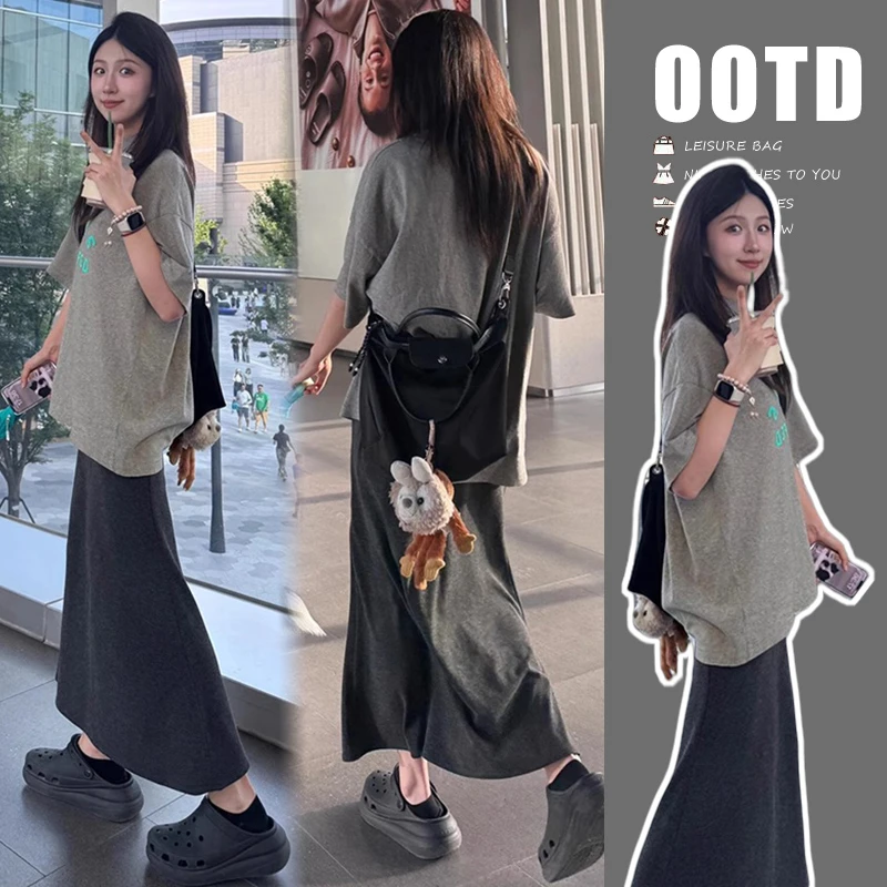孕妇套装灰色慵懒风松弛时尚气质印花T恤上衣可调节弹力亲肤半裙