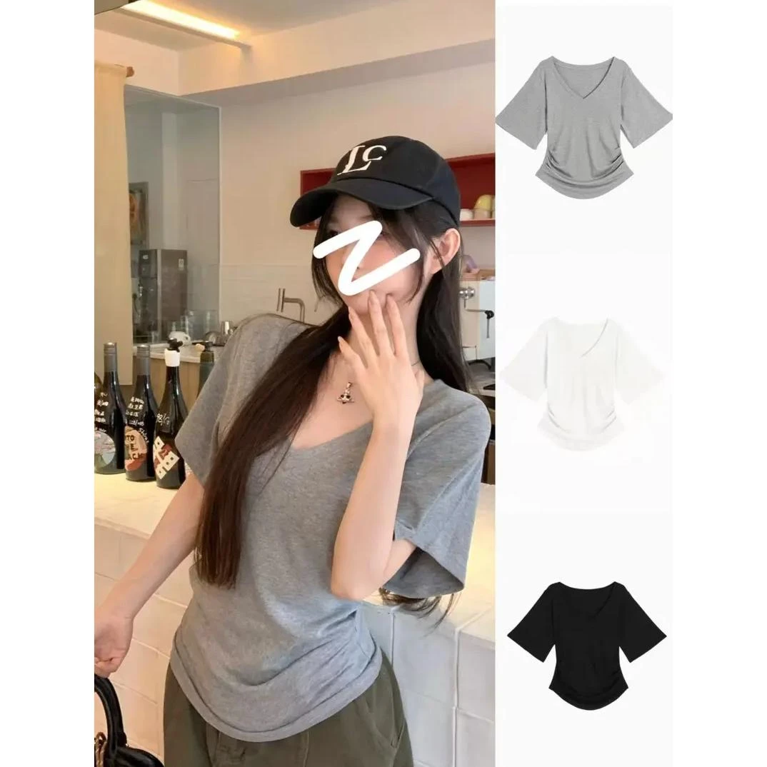 2025夏季休闲显瘦气质韩版设计感修身显瘦V领短袖T恤纯色简约百搭