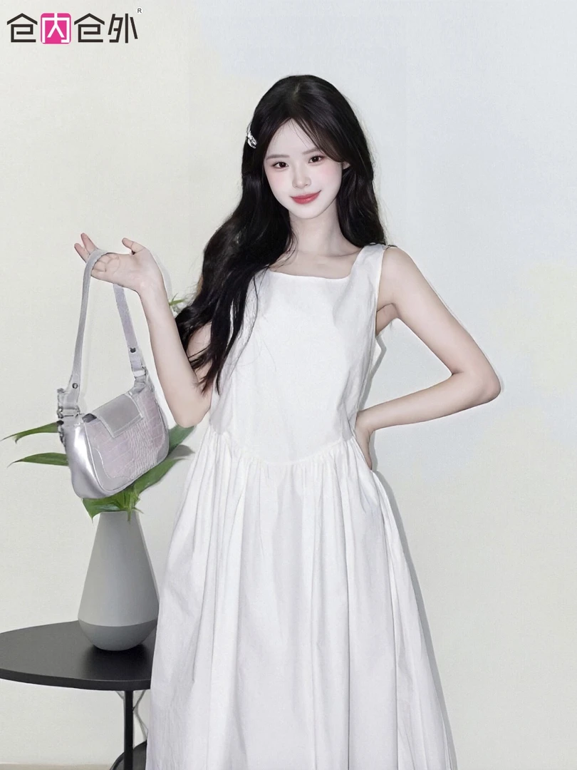 长款背心连衣裙连衣裙白色高腰时尚无袖夏季气质日常法式裙子显瘦