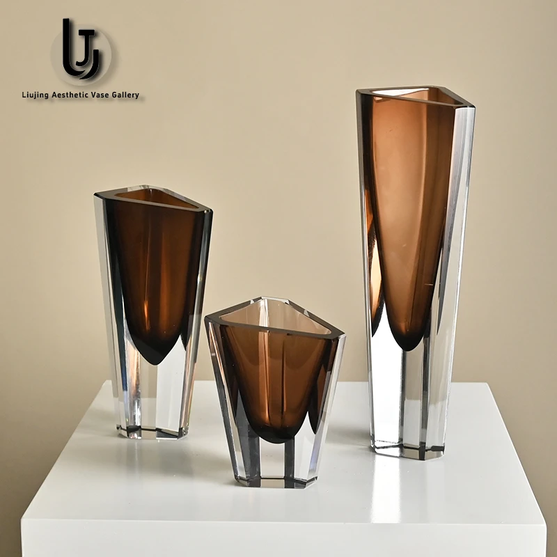琉境 当代轻奢斜口棕色琉璃高脚花瓶别墅室内家用高档花瓶