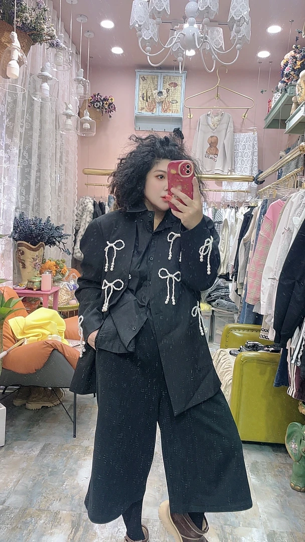 新中式时尚套装百搭短外套短裤黑色皮衣女装重工时尚西装夹克