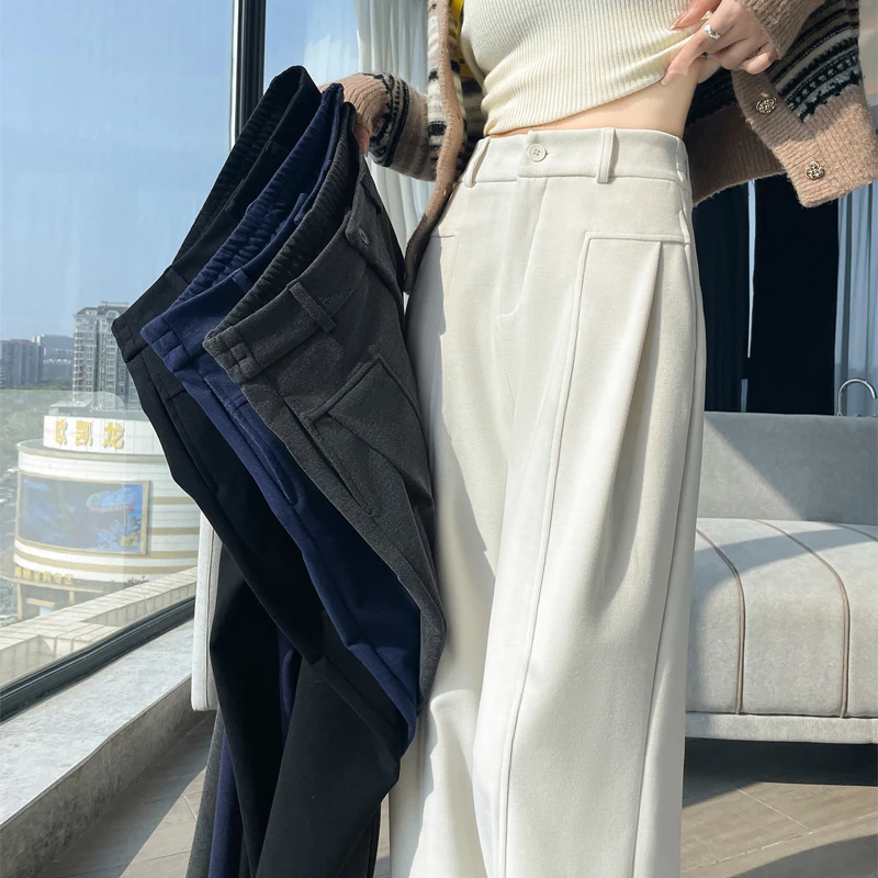 羊毛呢米白色香蕉阔腿裤女秋冬季高腰显瘦垂感窄版休闲弯刀直筒裤