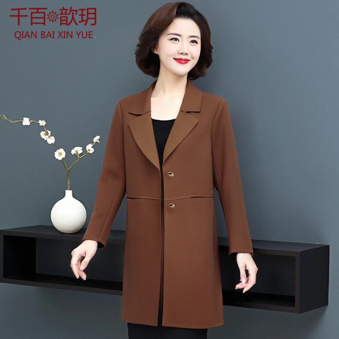 中老年妈妈春秋风衣外套新款西装领单排扣女士薄款洋气中长款上衣