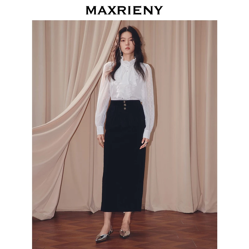 MAXRIENY宫廷复古衬衫25秋款荷叶边领法式雪纺衫宽松长袖垂感上衣