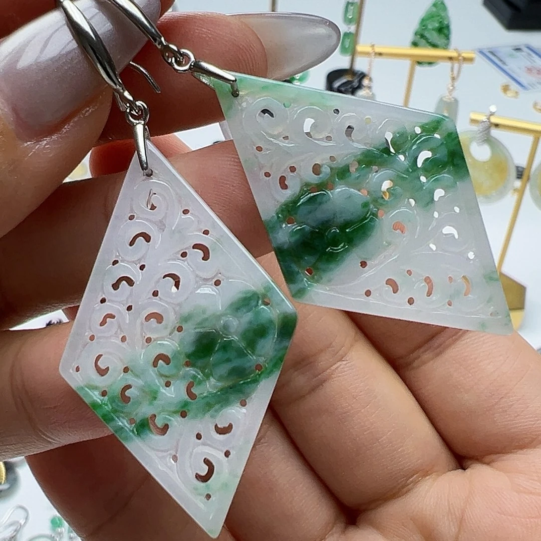 翡翠银S925镶嵌耳饰天然缅甸A货翡翠