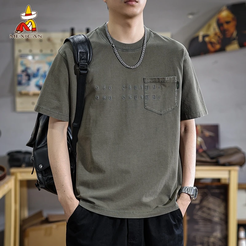 Mexican/稻草人夏季重磅纯棉工装男士t恤短袖宽松潮牌复古半袖衫