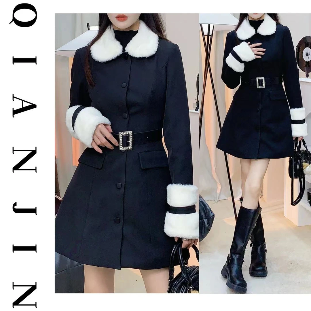 【年末回馈】富家千金风毛领外套高级感收腰长袖公主连衣裙QJ3188