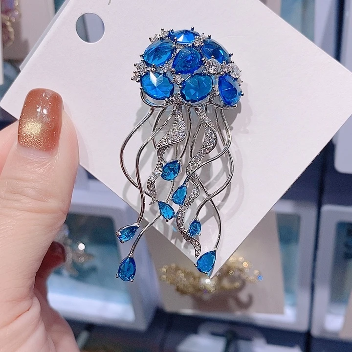 锆石铜合金蓝色水母胸针