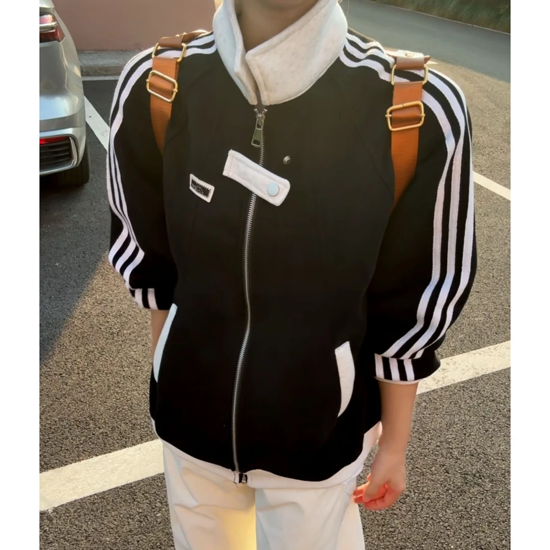 美式撞色条纹运动夹克男女秋季重磅潮牌立领棒球服外套宽松开衫