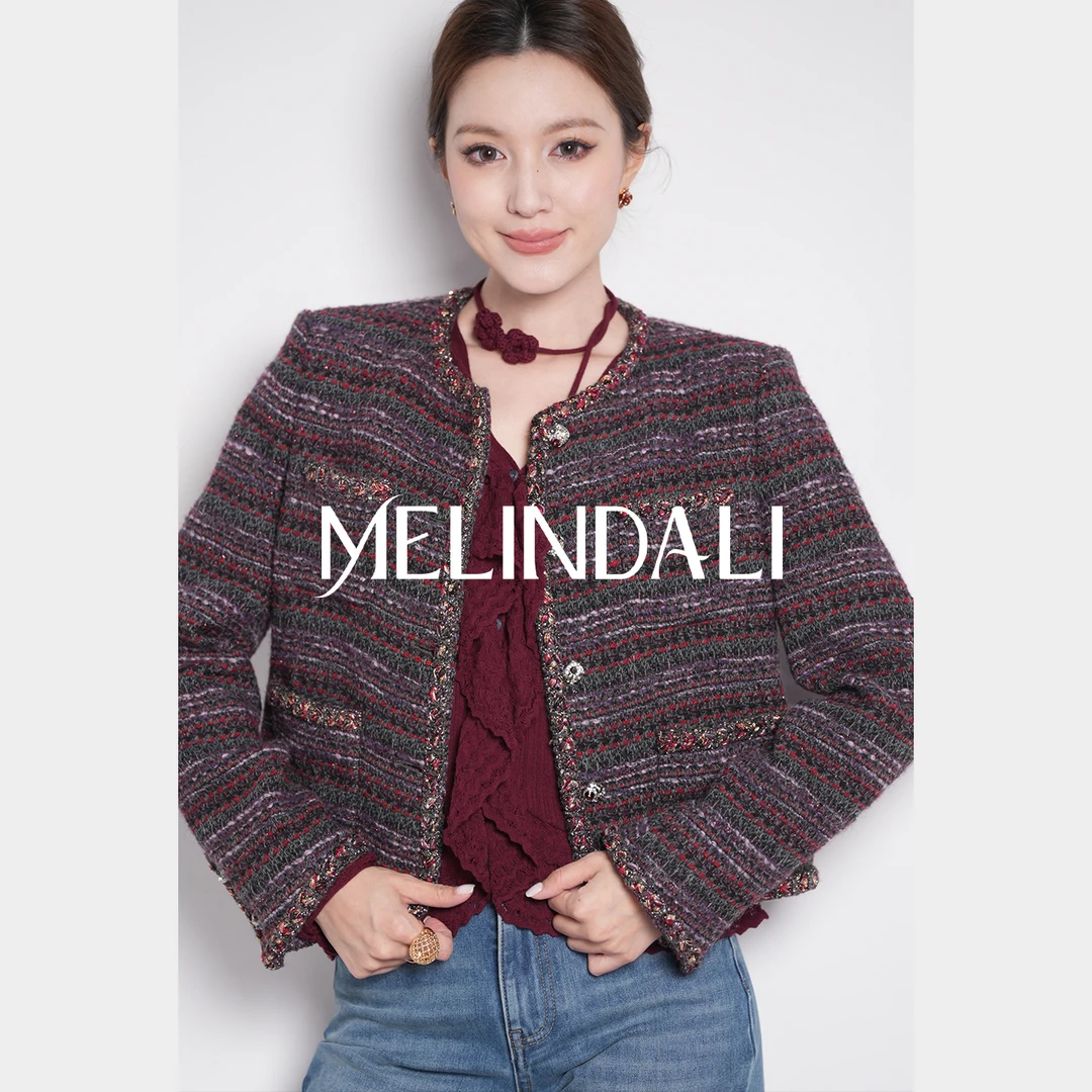 Melinda Li【文艺复兴】黑标意大利厂牌Nimue复古酒红小香风短外套
