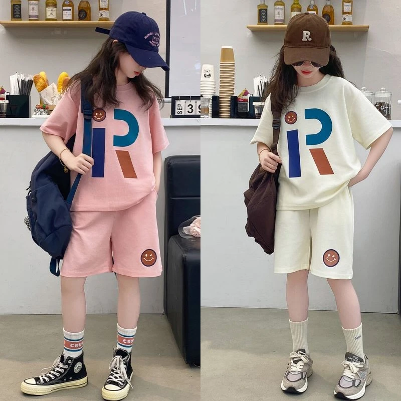 女童短袖套装2025新款中大童夏季短袖夏装两件套女孩印花洋气套装