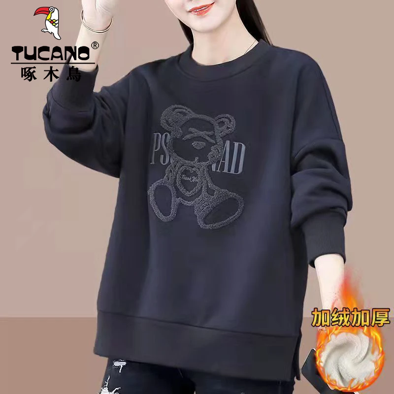 啄木鸟加绒加厚刺绣小熊卫衣女2025秋冬装宽松洋气大码圆领上衣潮