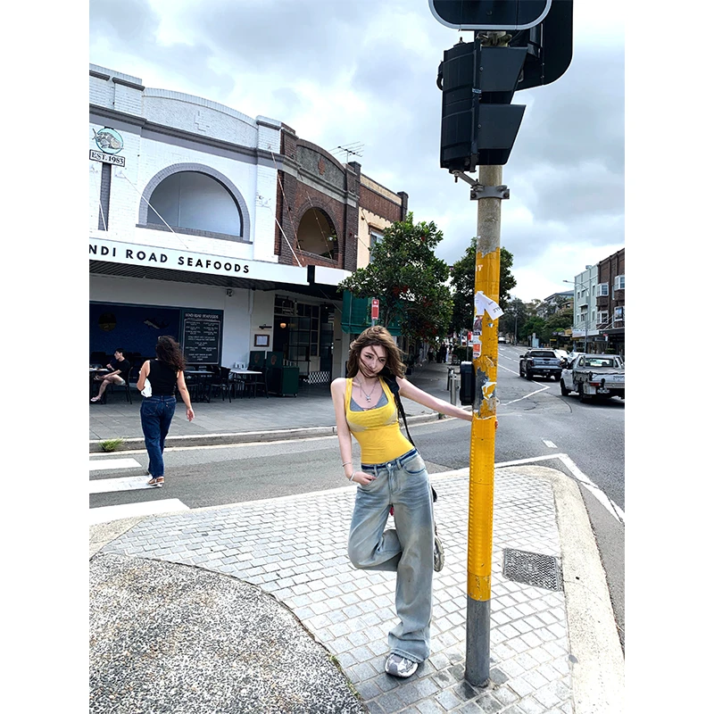 FuunJ◆长腿魔法设计感复古重工水洗宽松阔腿牛仔裤女显瘦直筒长裤