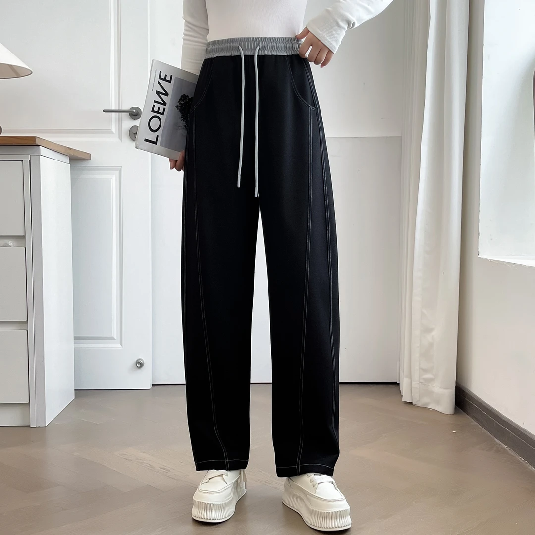 微胖大码长裤秋季运动牛仔裤女阔腿裤休闲风显瘦百搭抽绳水洗高腰