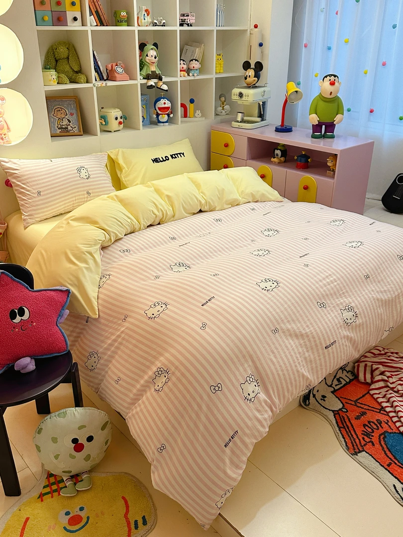 新款小清新亲肤水洗棉简约条纹KT猫四件套学生宿舍单人三件套床笠