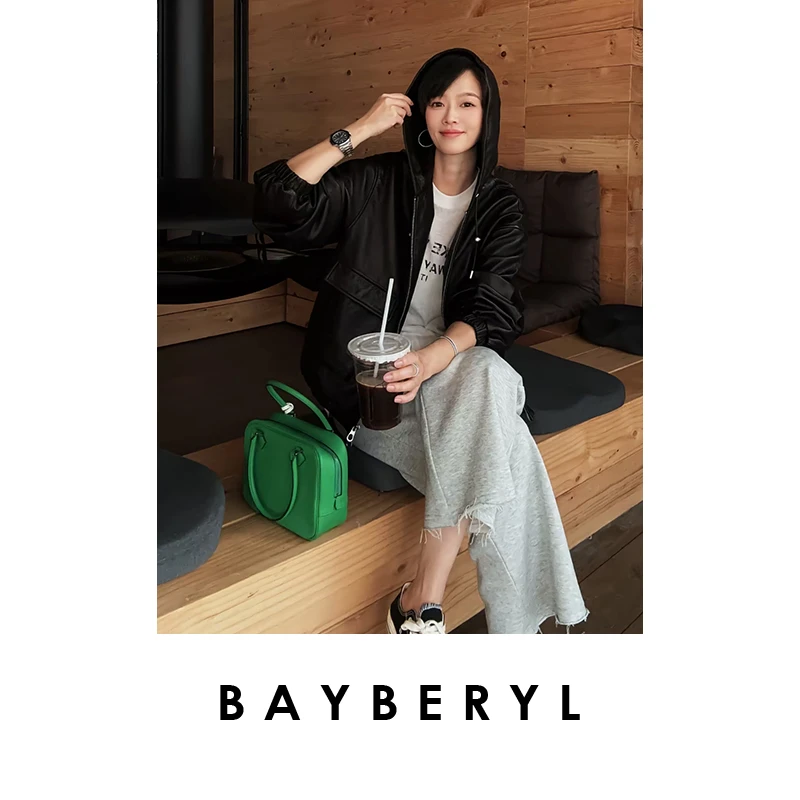 BAYBERYL老贝红光皮连帽粒面肌理休闲百搭25秋皮衣PY5F0602-6/14