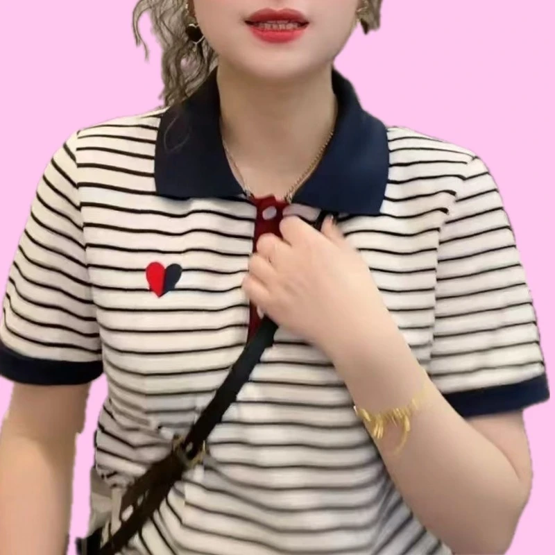 宽松显瘦爱心刺绣条纹t恤女短袖夏季中年妈妈polo衫洋气翻领上衣