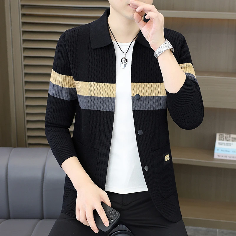 森铂男士新款秋季拼色条纹针织开衫翻领休闲百搭针织男外套25809