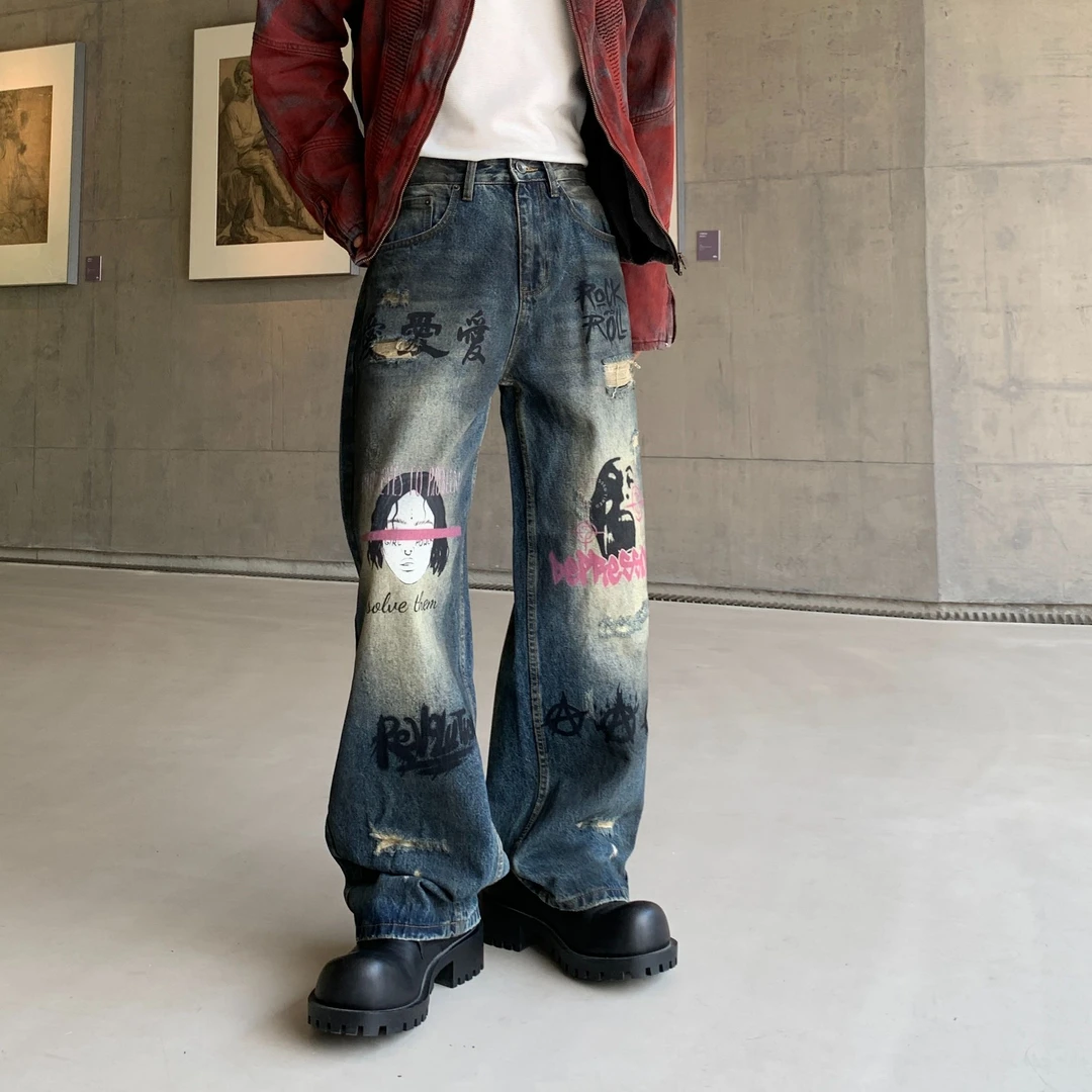 2025秋冬复古美式新款潮牌做旧印花宽松直筒蓝色水洗假破洞牛仔裤