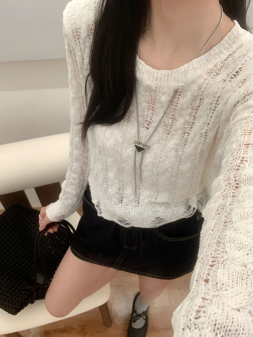 长袖薄款针织常规针织衫毛针织衫法式中长款圆领秋季