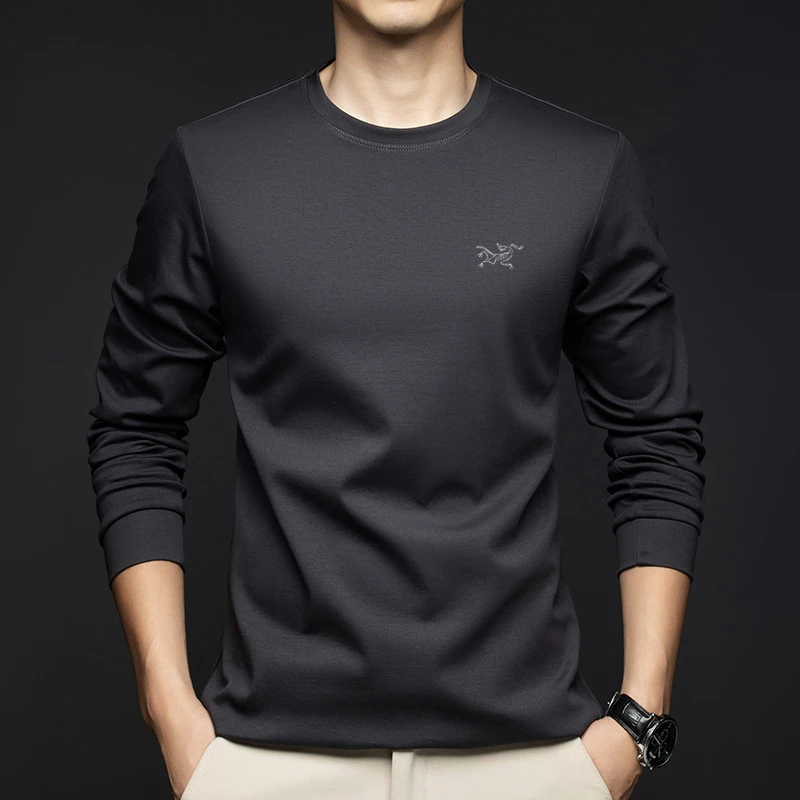 品牌刺绣 2025秋季新款长袖T恤男士商务休闲圆领打底衫液氨棉卫衣
