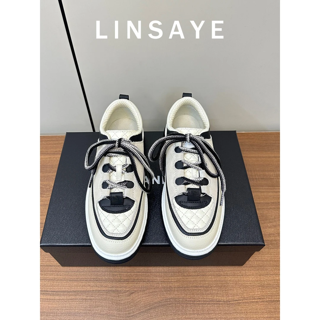 2025春季新款小香风运动休闲老爹鞋女黑白熊猫鞋菱格厚底增高板鞋