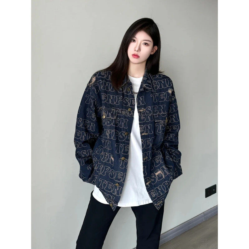 满印美式工装夹克牛仔外套男高级感破洞2025春季新款时尚百搭潮牌