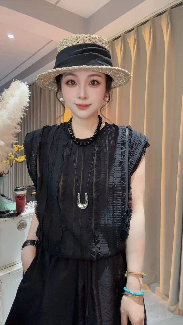 HUIHUI 设计感褶皱花边无袖小衫·