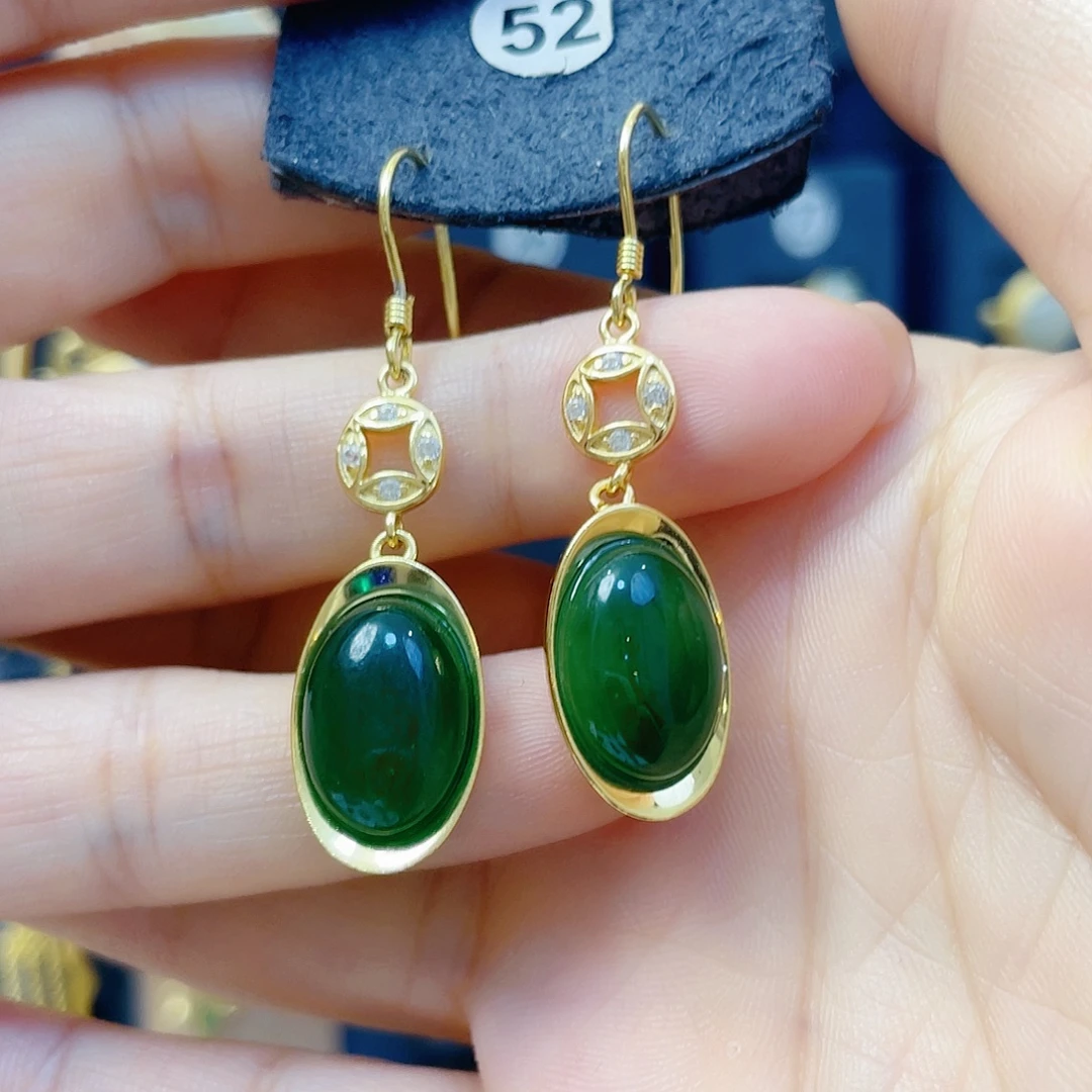 和田玉银S925镀金镶嵌耳饰