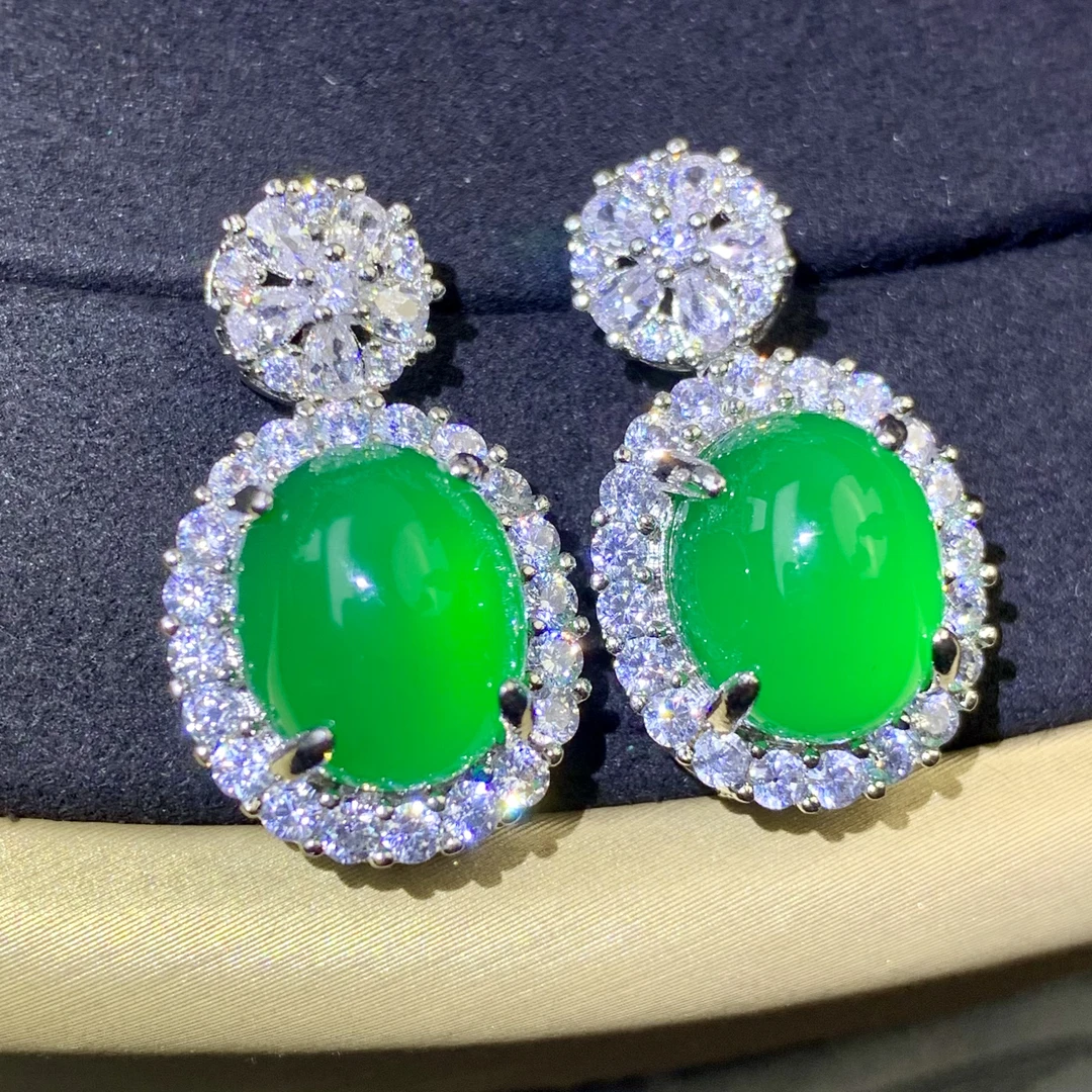 XinYuan｜蛋面耳钉｜天然绿玉髓/紫罗兰耳钉 鸽子蛋镶嵌款