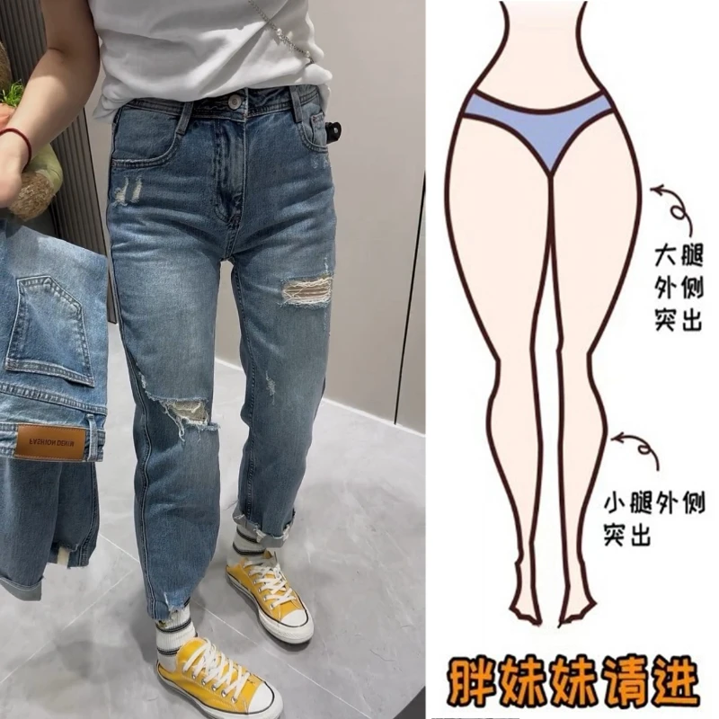 Aimeerosa/艾洛莎九分破洞直筒牛仔裤2025夏季薄款显瘦百搭法棍裤