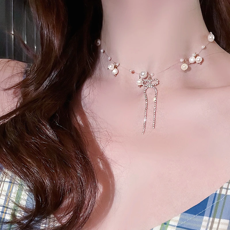SHOWDIGU 非金属仿珍珠项链 气质镶钻贝珠蝴蝶结项链超仙简约颈链