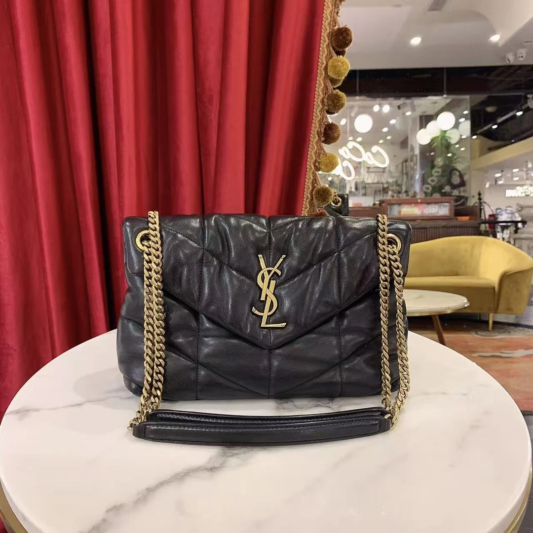 95新 YSL/圣罗兰 GGS圣罗兰puffer云朵小号黑金羊皮单34183795