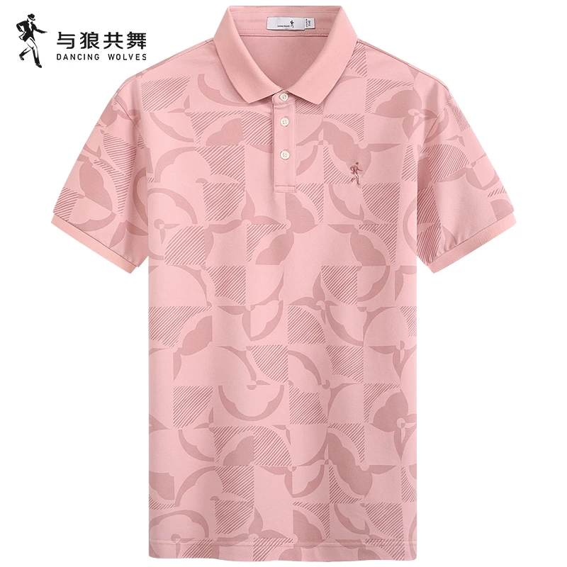 【含桑蚕丝】与狼共舞翻领短袖T恤2025夏季新款满身印粉红Polo衫男