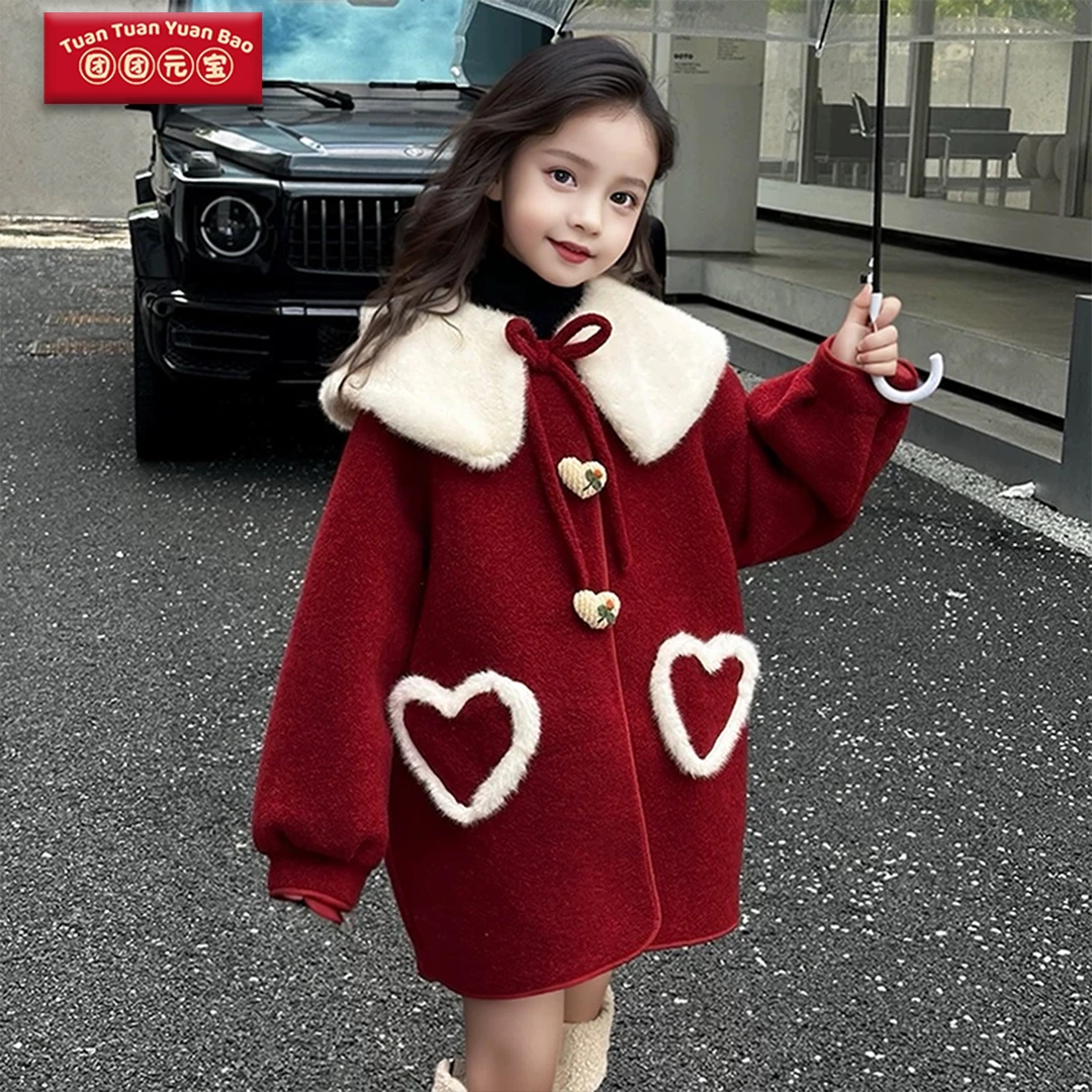 女童加绒外套秋冬款儿童冬季加厚红色毛呢子大衣女孩新年拜年衣服