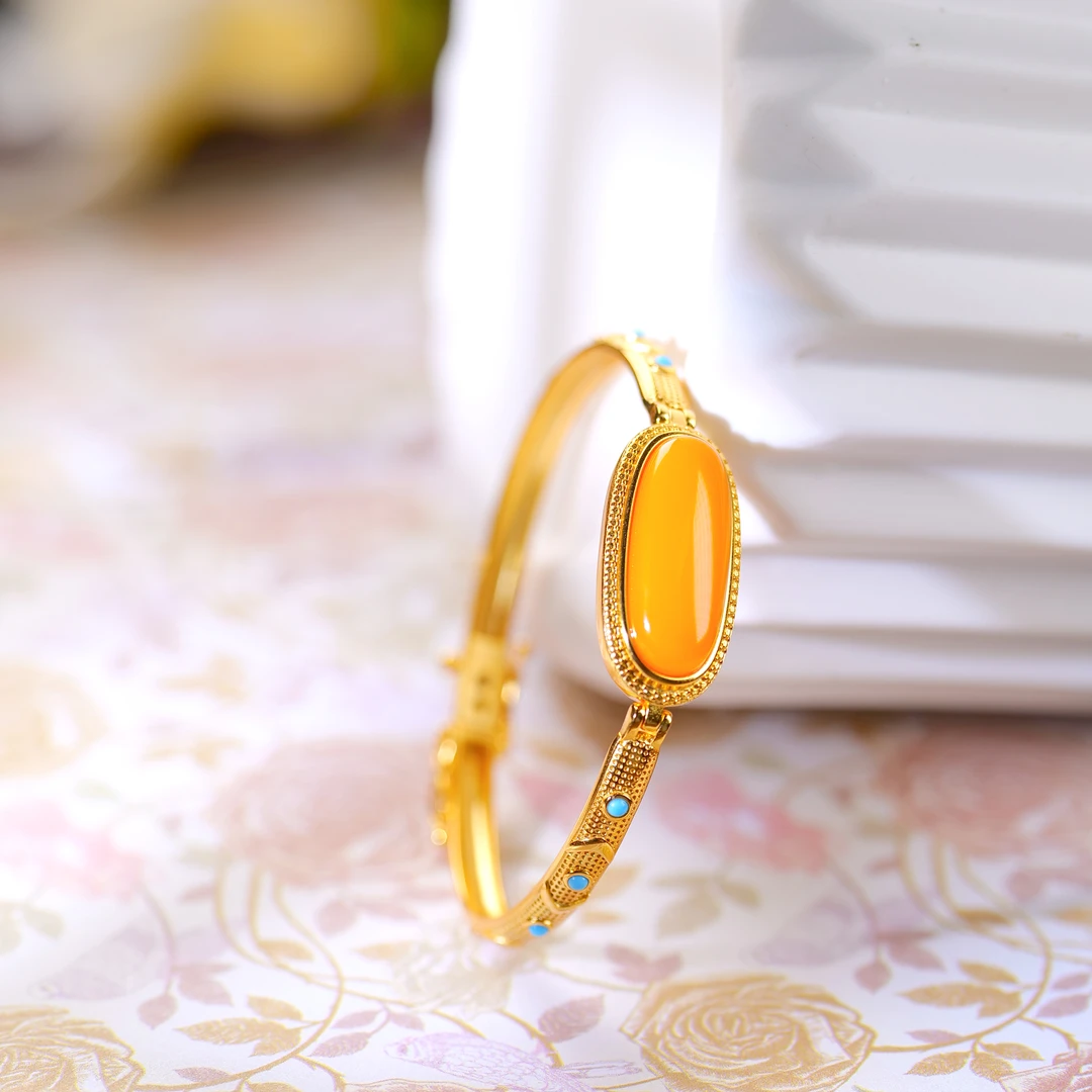 【小雨来了】925银镶嵌蜜蜡老蜡蛋面手镯 银镯子 多样性发一件