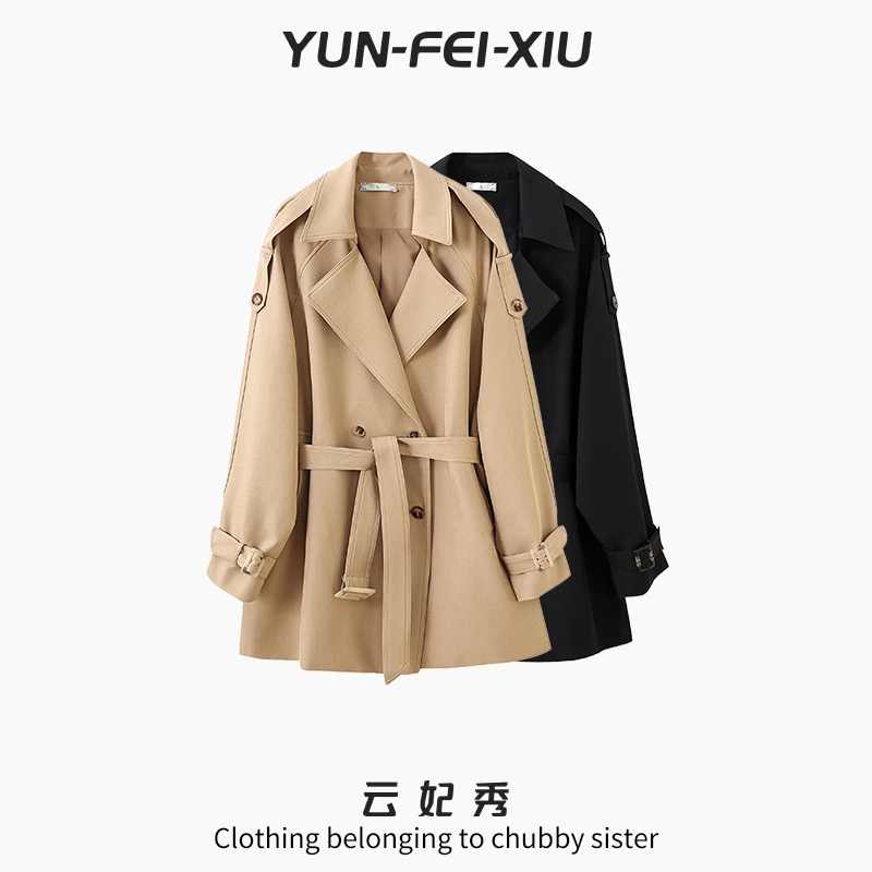 云妃秀大码女装风衣西装领绑带通勤时尚宽松显瘦胖妹妹秋季22352
