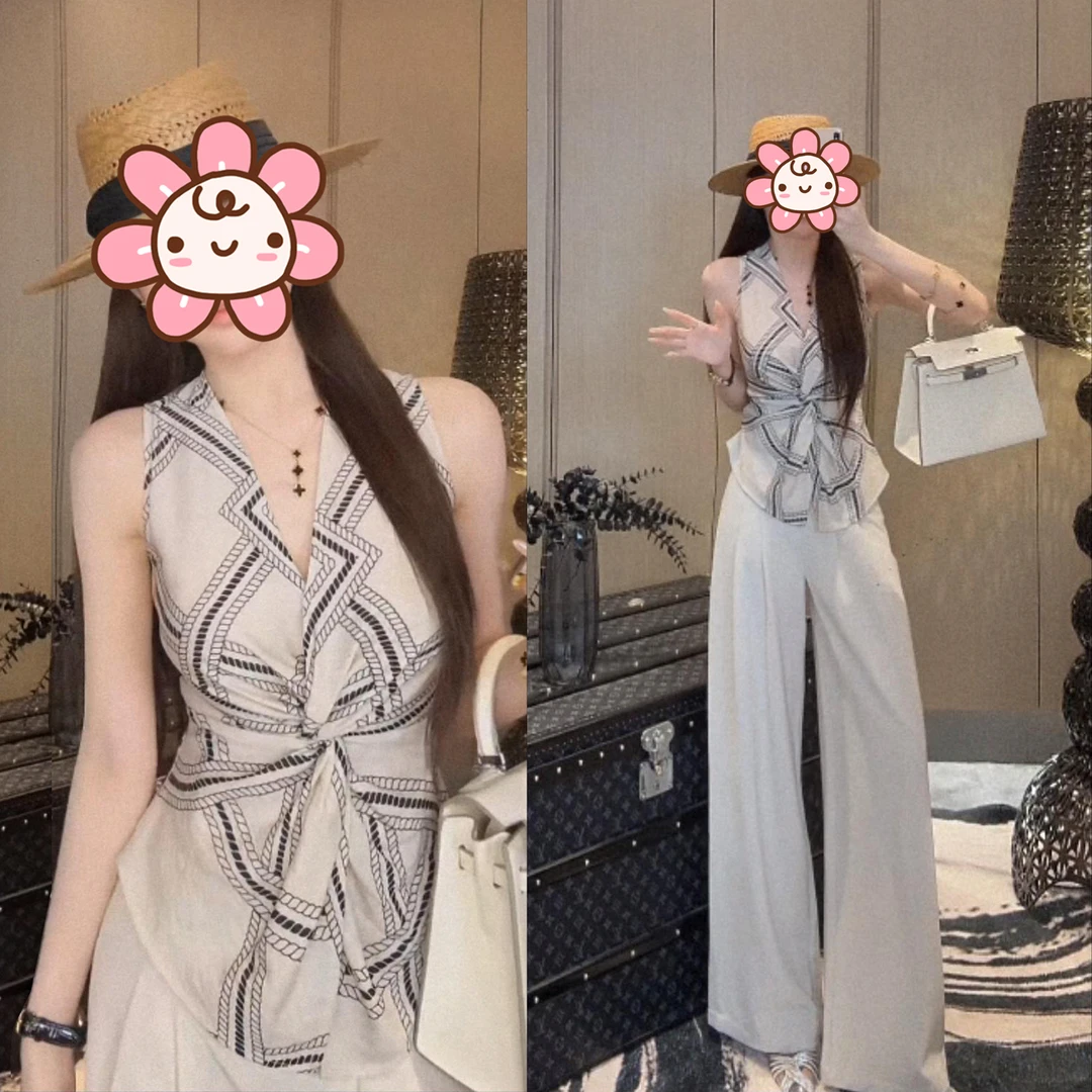 老钱风气质套装女2025夏季新款设计感亚麻扭结收腰上衣高腰阔腿裤