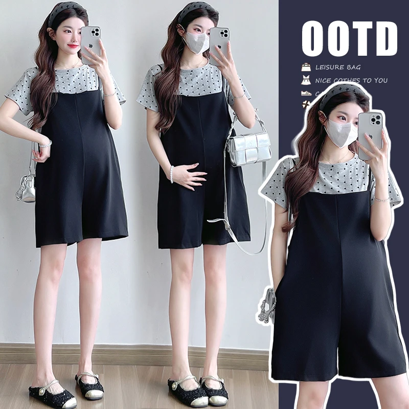 时髦孕妇装新款夏季休闲套装 波点短袖上衣女T恤时尚背带裤两件套
