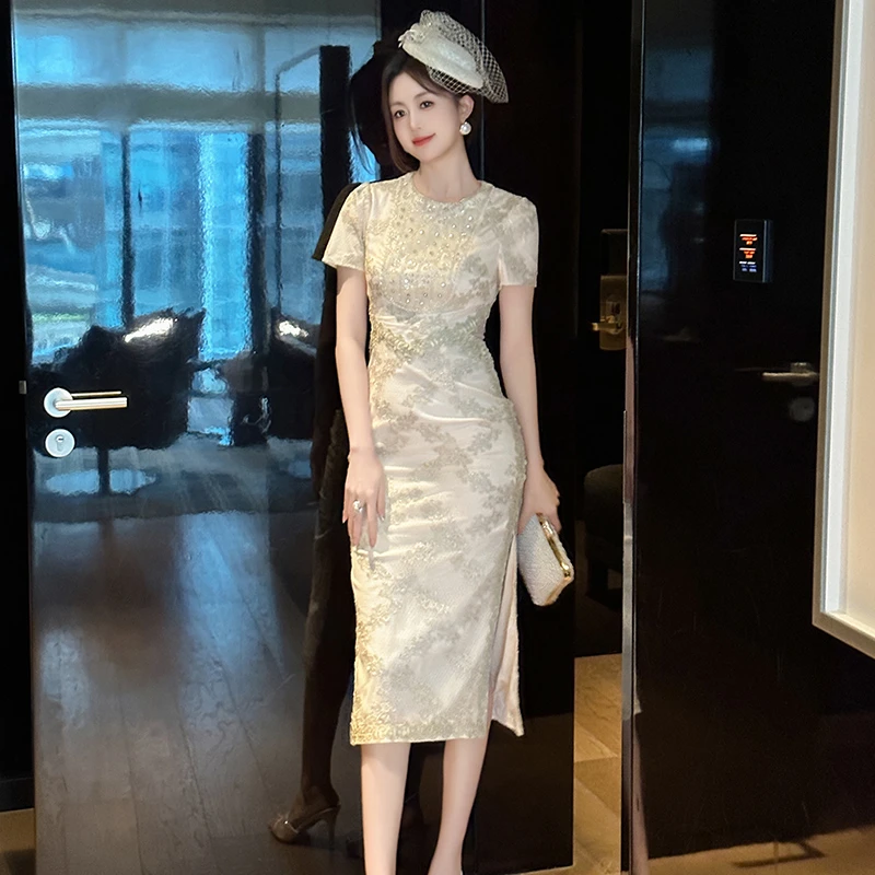 香槟金色拼接紧身高腰显瘦夏季气质女装连衣裙蕾丝收腰裙子修身