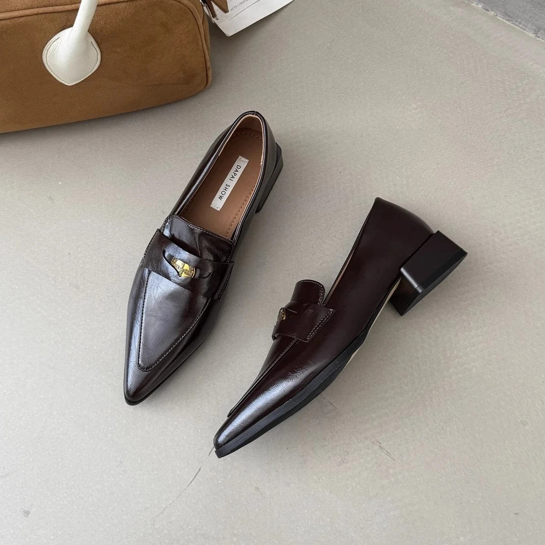 MUMU 高级感复古百搭粗跟金币乐福鞋单鞋通勤尖头低跟小皮鞋女鞋