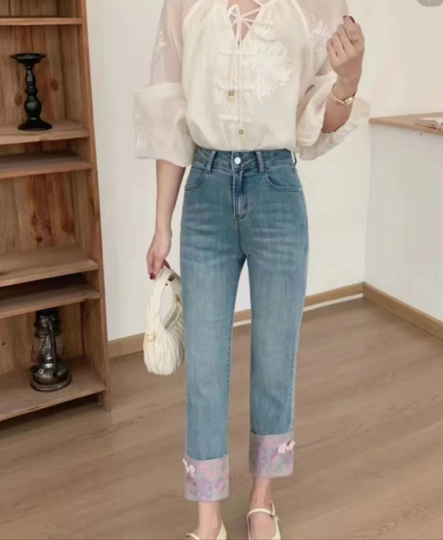 2025春季欧货MK-MZ新中式国风拼接刺绣盘扣烟管牛仔裤（断码特惠）