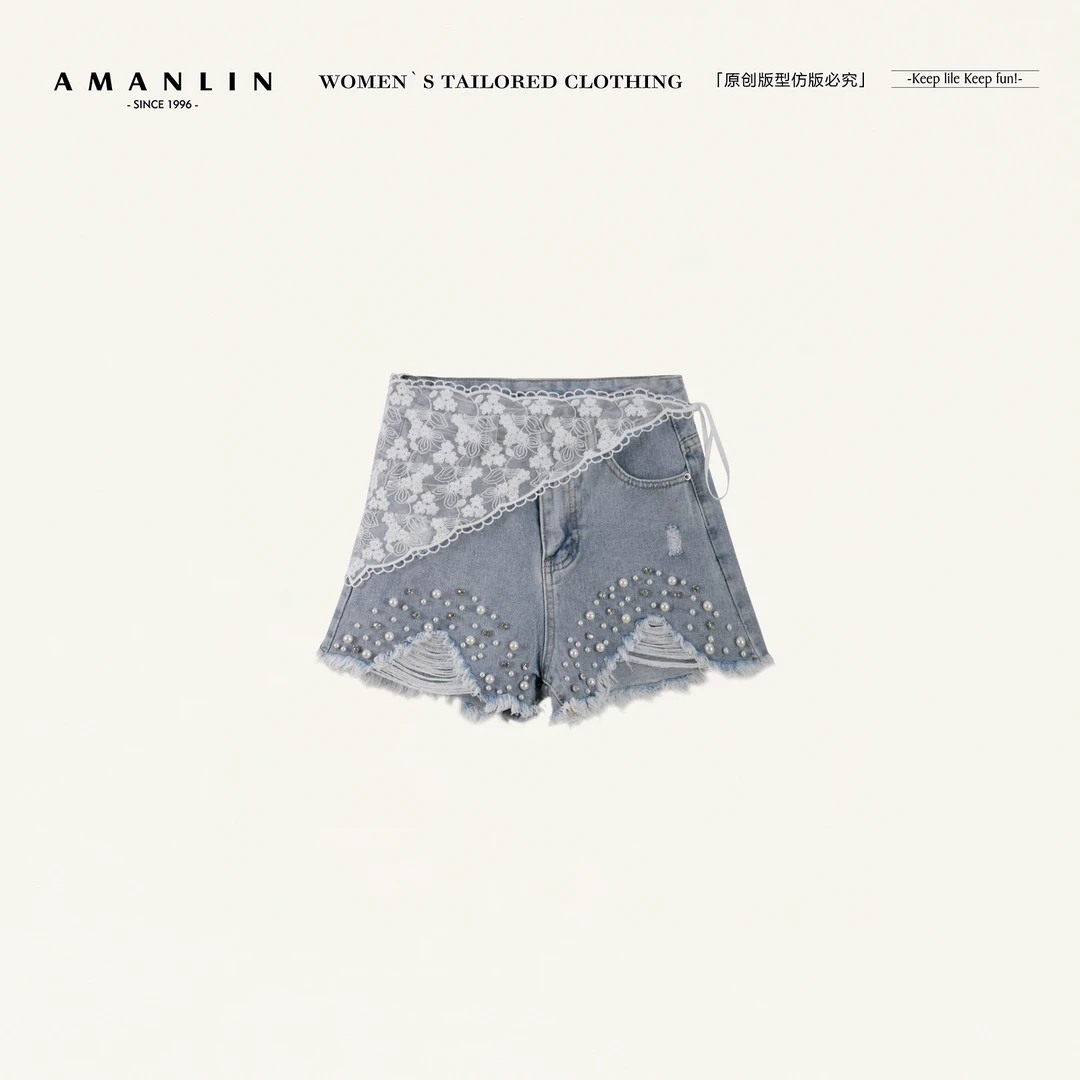 AMANLIN/阿谩琳欧若风春夏薄款蕾丝裤子女设计感牛仔短裤Y596301