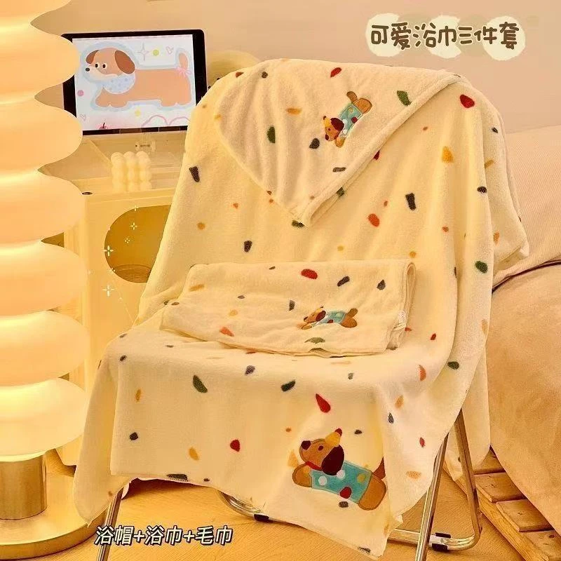 【蒙姐家居】可爱浴巾卡通吸水浴巾干发帽三件套家用珊瑚绒柔软